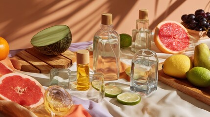 Fresh citrus and oil bottles arranged with exotic fruits on wooden surface for tropical summer drink product photography composition