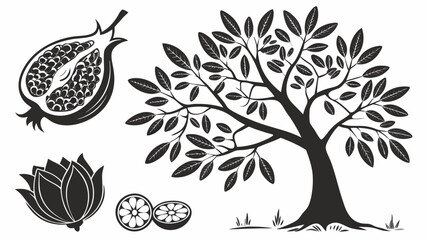 Fototapeta premium Elegant Black and White Vector Illustration Featuring a Stylized Tree Pomegranate Lotus Flower and Sliced Citrus Fruit