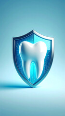 Digital illustration of a tooth within a protective shield on blue background