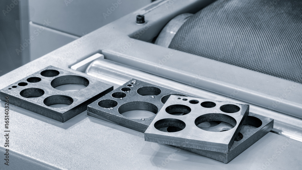 Aufkleber metal pieces are being cut by machine. pieces all same size and shape, and they are arranged in a ro