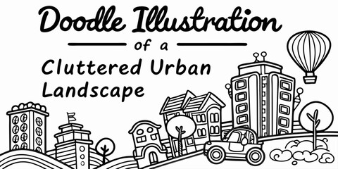 Fototapeta premium Whimsical urban landscape doodle with buildings, car and hot air balloon