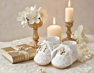 Christening accessories flat lay for baptism invitations and religious greeting cards