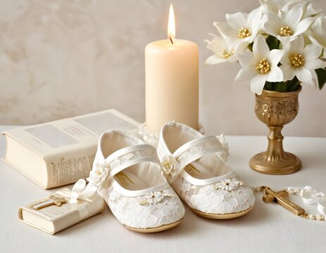 Christening accessories flat lay for baptism invitations and religious greeting cards - Powered by Adobe