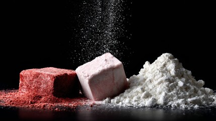Pink and white powder explosion with beauty soap blocks on black background for cosmetic skincare dramatic product scene photography