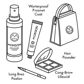 Illustration of various beauty products including spray tube and bag