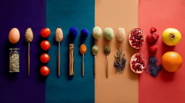 Colorful spoons and fruits arranged on vibrant color blocks for creative food concept flatlay photography composition background design