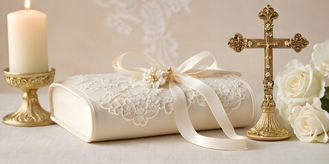 Christening accessories flat lay for baptism invitations and religious greeting cards