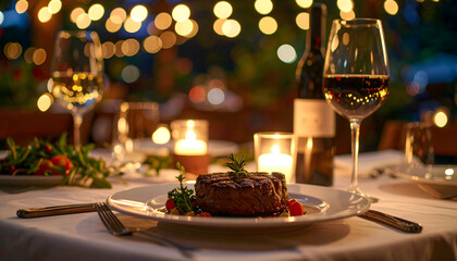 Romantic Dinner Table Setting With Steak Wine and Candles Under Bokeh Lights with Elegant Atmosphere