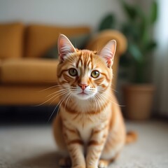 Obraz premium Ginger cat sitting on floor in cozy living room. Interior decor