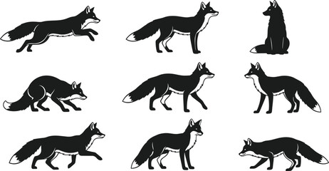 Black and white fox illustrations in various poses, running, sitting, walking, crouching, wildlife animal vector art, forest creature drawing design graphic