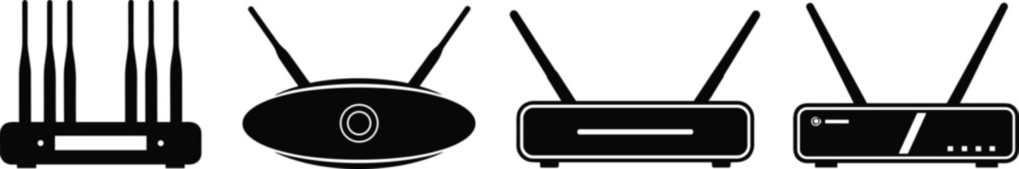 Black and white wireless router icon set, diverse antenna configurations, internet connection devices, WiFi technology symbols, modern network equipment vector illustrations