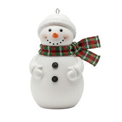 Highly detailed ultra-realistic snowman figurine ornament, polished white ceramic or smooth resin, cheerful expression, coal eyes, orange carrot nose, wide friendly smile, tiny red and green plaid