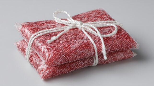 Frozen meat wrapped in string on light background ready for storage or commercial food use