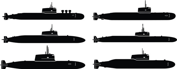 Black silhouettes of submarines, naval vessels, underwater ships, maritime technology, military design, ocean transport, warship, defense, marine engineering, sea travel