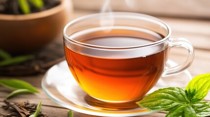 Warm cup of herbal tea with fresh mint leaves placed on wooden surface in a cozy setting during daylight