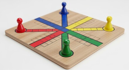 Wooden ludo board game with pawns isolated on white background