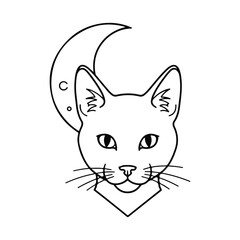 Fototapeta premium Black outline drawing of a cat's face with a crescent moon and stars feline animal