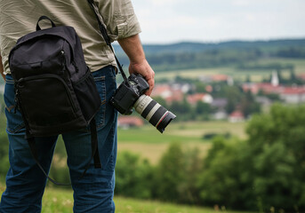 World photography day photographer with camera and backpack enjoying landscape photography travel adventure outdoors hobbyist equipment
