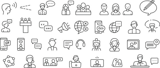 Customer Support Communication Icons – Online Chat, Phone Help, Feedback, Tech Support, Messaging, Call Center, User Interface, Service Tools
