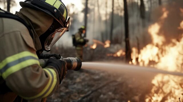 Strong protector: alarm sound, quick stride, flame defiance, rescue grip, bold act, gear flash, fire leap, urgent pull, breath control, mission resolve