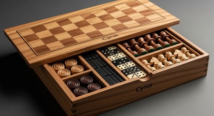 Luxury wooden multigame set with chess, checkers, and dominoes