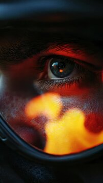 Bold firefighter: burning wall, urgent leap, gear readiness, smoke path, heroic stand, fire roar, quick aid, rescue aim, flame control, protective suit