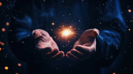 Hands creating a glowing light in a starry atmosphere during a mystical moment of wonder