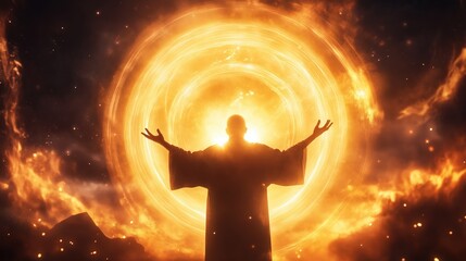 Mystical figure surrounded by an ethereal glow in a dramatic cosmic landscape