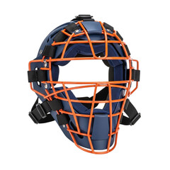 Dark blue hockey goalie mask with bright orange cage isolated on transparent background