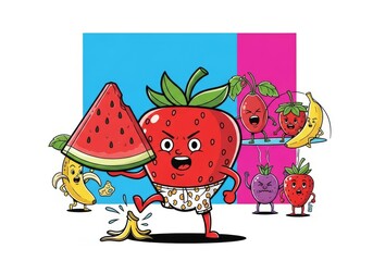 Angry Strawberry and Friends Fruit Fun - A fun cartoon illustration of anthropomorphic fruits, a grumpy strawberry, bananas, and other berries in playful action
