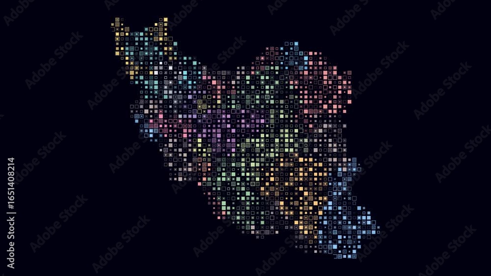 Poster iran map animation. shape of the country with pulsating colored dots. small size square blocks. digi