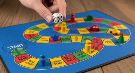 Close up of a hand rolling dice on a colorful board game
