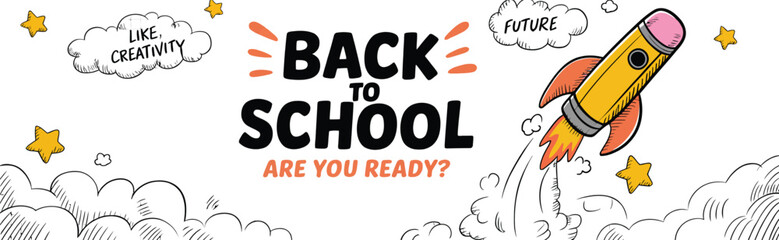 Back to school illustration with rocket labeled “Future,” clouds, stars, and bold text “Are You Ready?” on colorful background