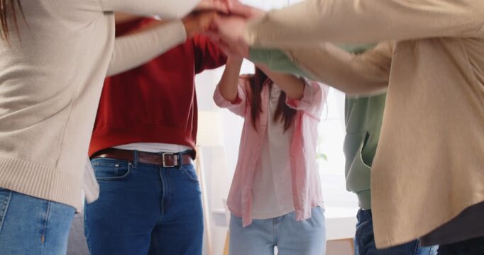 Happy friendly team high five hand gesture, common positive expression of appreciation or approval, cheer of friends group, diverse people friendship, showing approval or good praise, encouragement