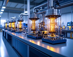 A row of advanced industrial machines with glowing components on a factory assembly line.