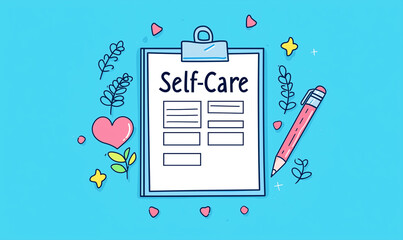 Illustration of a self-care checklist with a pencil, heart, and floral elements on a blue background.
