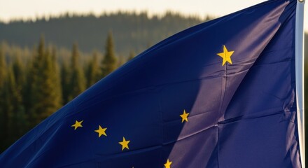 Alaska state flag fluttering with forest background for patriotism and travel concept. Waving banner of the american state.