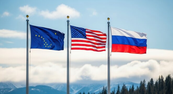 European Union, American, and Russian flags on poles waving in sky. International relations between countries concept for political events. - Powered by Adobe