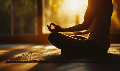 Person meditating in a serene setting with warm sunlight streaming through a window.