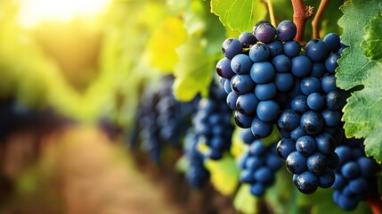 Close - up of Plump Blue Grapes Hanging on Vine with Green Leaves and Soft Sunlight in Background 