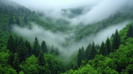 Lush Forest Landscape with Drifting Mist in Mountain Valley 