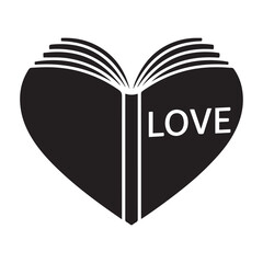 Black heart shaped book icon symbol love. Vector black silhouette. with white background
