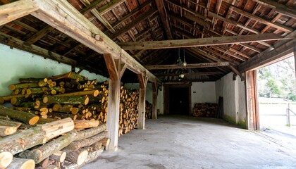 Rustic wooden barn interior with stacked firewood