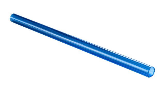 A blue plastic drinking straw, straight and clean, lying flat and ready for use, isolated on a white background - Powered by Adobe