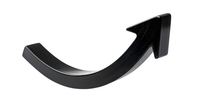 A bold black arrow curving upward with a long tail, symbolizing direction, isolated on a white background
