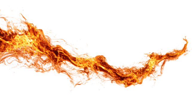 A bold, fiery reddish flame streak curving across the frame with glowing highlights, isolated on a white background