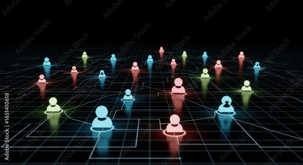Poster global network connections - abstract depicting a network of interconnected glowing icons representi