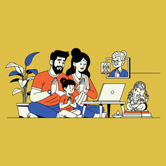 An illustration of a family performing Ganesha puja online, connecting with a relative via video call, highlighting modern virtual celebrations and traditions.