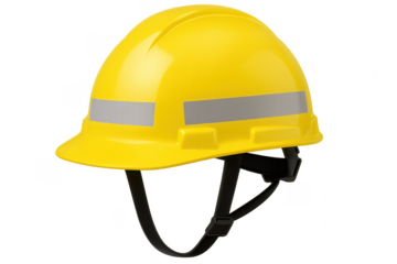 Yellow safety helmet with reflective stripe on transparent background