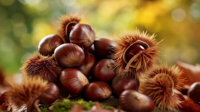 Pile of freshly harvested chestnuts and spiky husks on a tree stump, surrounded by fallen autumn leaves and moss in a forest setting.